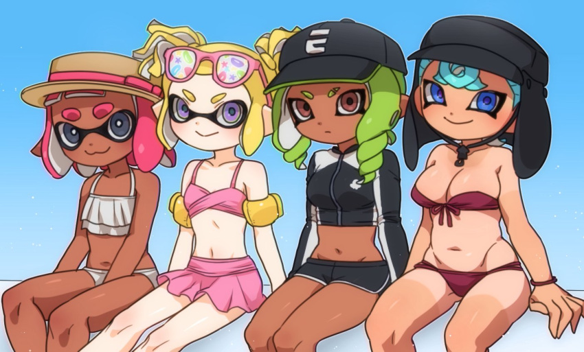 4girls :3 bare_shoulders baseball_cap between_legs bikini bikini_skirt black_hat black_jacket black_shorts blonde_hair blue_eyes blue_hair blue_pupils boater_hat breasts bright_pupils brown_hat cleavage closed_mouth collarbone cropped_jacket dark-skinned_female dark_skin dolphin_shorts drill_hair eyebrow_cut eyewear_on_head frown furrowed_brow green_hair grey_eyes groin hand_between_legs hat ikki_(gsl_9708) inflatable_armbands inkling inkling_girl inkling_player_character jacket korean_commentary light_blue_hair light_particles long_hair long_sleeves medium_breasts multicolored_clothes multicolored_jacket multiple_girls navel octoling octoling_girl octoling_player_character pink-framed_eyewear pink_bikini pink_hair pointy_ears purple_eyes purple_pupils red_bikini red_eyes short_hair shorts sitting small_breasts smile splatoon_(series) strapless strapless_bikini swimsuit tan tanlines tentacle_hair twintails two-tone_jacket white_bikini white_jacket white_pupils