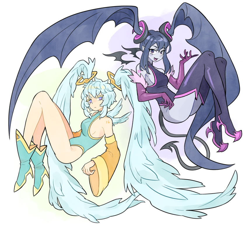 2girls absurdres alternate_eye_color alternate_hair_color alternate_skin_color angel angel_and_devil angel_wings blue_hair blue_skin boots breasts colored_eyelashes colored_skin demon_girl demon_horns demon_tail demon_wings detached_sleeves detached_wings doodlelotl dual_persona elbow_gloves full_body fur_trim gloves hair_wings hatsune_miku high_heel_boots high_heels highres horns leotard long_hair looking_at_viewer medium_breasts mini_wings multiple_girls no_pupils number_tattoo oerba_yun_fang purple_eyes shoulder_tattoo slit_pupils tail tattoo thigh_boots twintails very_long_hair vocaloid wings