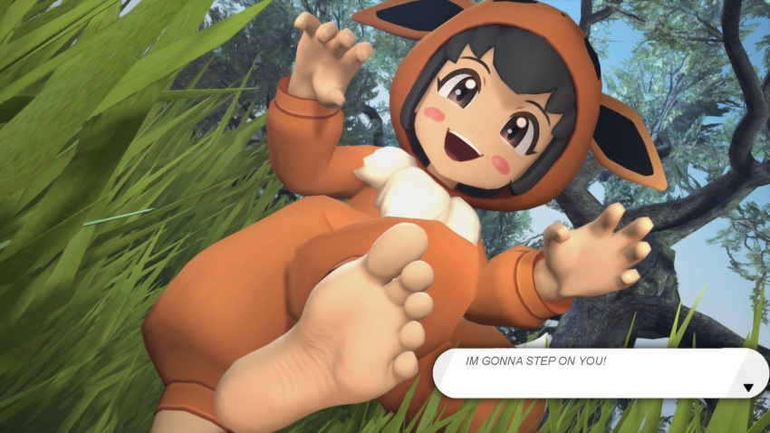 arms_up barefoot black_hair blush_stickers brown_hair cosplay eevee eevee_(cosplay) feet female grass happy jinouga97 non-web_source playing poke_kid_(pokemon) pokemon pokemon_swsh pov soles source_request stepping toes tree