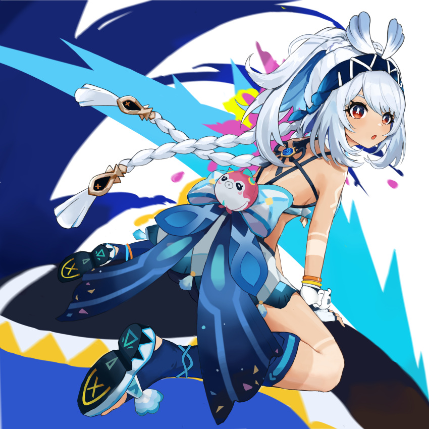 absurdres braid female full_body genshin_impact gloves hair_between_eyes hairband highres leds_(jesshilda11) long_hair looking_to_the_side mualani_(genshin_impact) open_mouth red_eyes sidelocks solo symbol-shaped_pupils twin_braids variant_set white_gloves white_hair