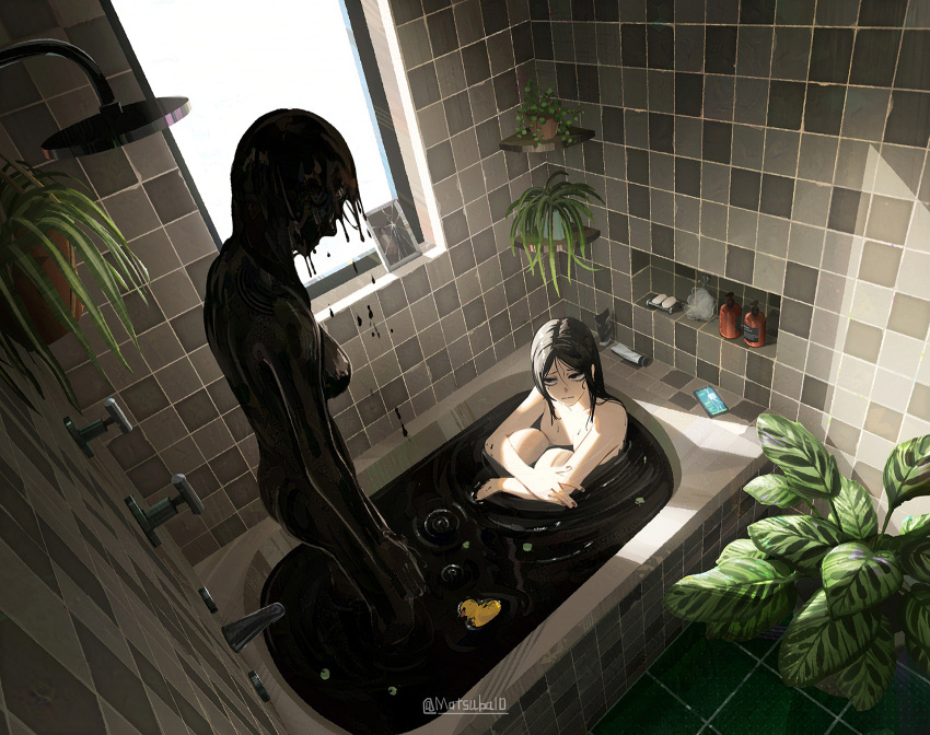 2girls bathroom bathtub black_hair black_liquid cellphone highres horror_(theme) indoors long_hair matsuba10 monster_girl multiple_girls nude original phone plant potted_plant scenery slime_girl smartphone soap_bottle tile_wall tiles window