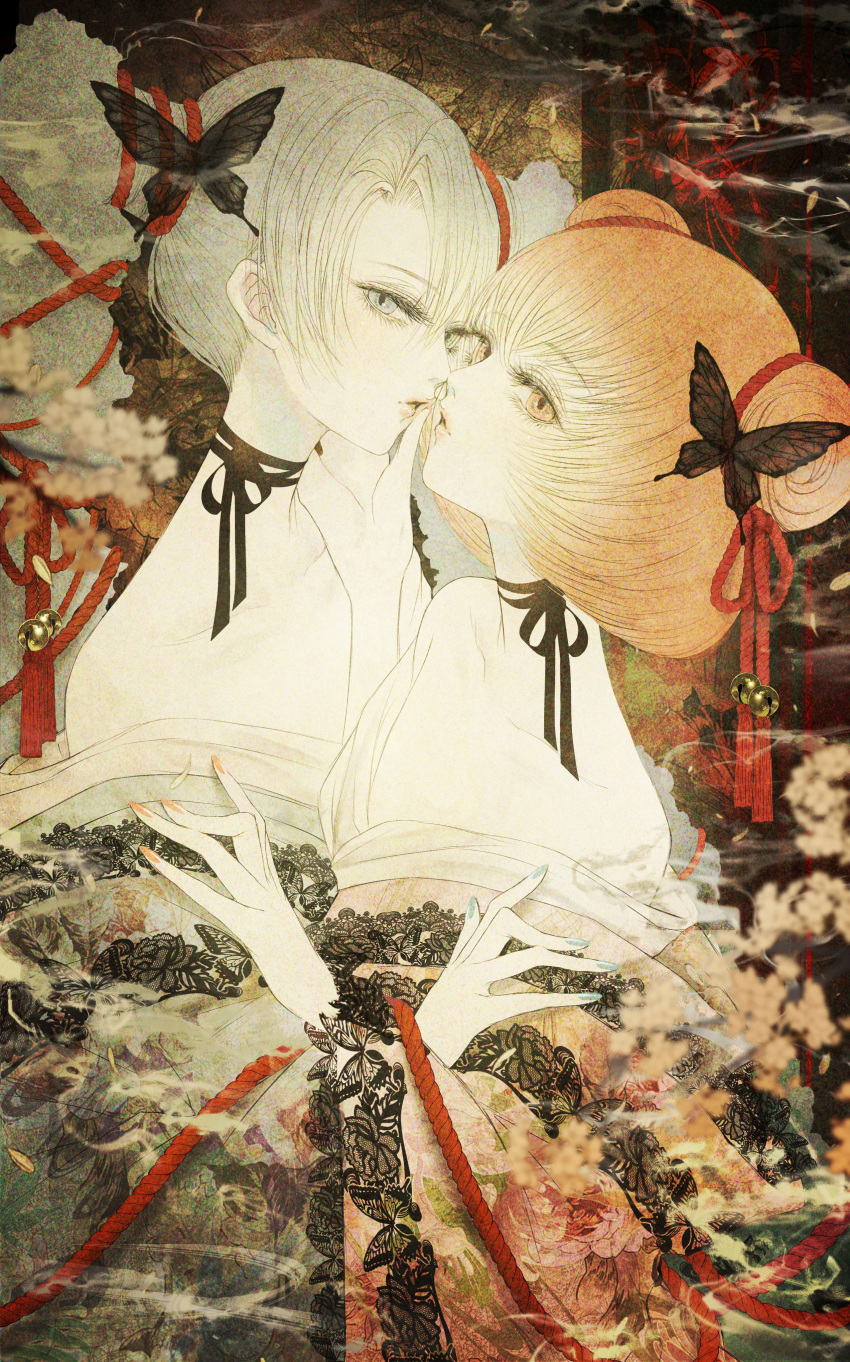 2girls absurdres bare_shoulders bell blue_eyes blue_hair blue_nails butterfly_hair_ornament clothes_lift collarbone commentary double_bun falling_petals floral_print_kimono hair_bell hair_between_eyes hair_bun hair_ornament hair_ribbon highres japanese_clothes kimono kimono_lift kimono_partially_removed long_hair long_neck maru_(xxxholic) medium_hair moro_(xxxholic) multiple_girls neck_ribbon noses_touching orange_eyes orange_hair orange_nails pale_skin parted_lips petals red_rope ribbon rope satsuki_kei smoke twintails xxxholic