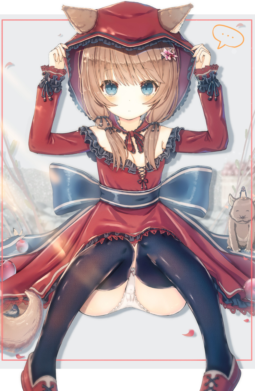 ... absurdres animal animal_ears arms_up black_bow blue_eyes blue_thighhighs blush bow bow_panties brown_hair choppy_bangs closed_mouth clothes_grab commentary dress female flower full_body hair_flower hair_ornament hair_over_shoulder hairclip highres hood hood_up lace-trimmed_dress lace_trim long_hair long_sleeves looking_at_viewer off-shoulder_dress off_shoulder original panties pekoli pink_bow red_dress red_footwear shoes sidelocks spoken_ellipsis symbol-only_commentary tail thighhighs underwear waist_bow white_panties