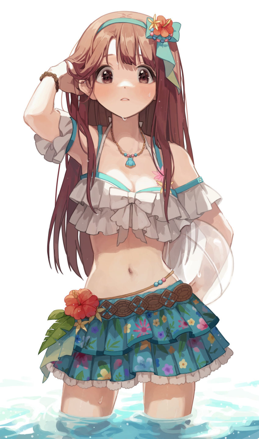 absurdres adjusting_hair arm_up bikini blue_skirt bow breasts brown_eyes brown_hair cleavage collarbone female flower frilled_bikini frilled_skirt frills hair_flower hair_ornament hairband hairbow hano9789 highres idolmaster idolmaster_million_live! idolmaster_million_live!_theater_days jewelry light_blush long_hair looking_at_viewer medium_breasts navel necklace parted_lips shell shell_necklace skirt solo standing stomach swimsuit tanaka_kotoha water wet wrist_straps