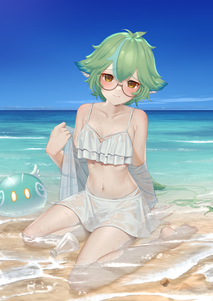 alternate_costume bare_legs bare_shoulders barefoot beach bikini bikini_skirt blue_sky blush bottle breasts brown_eyes closed_mouth commentary cork cross-laced_clothes female frilled_bikini frills genshin_impact glasses green_hair highres long_hair looking_at_viewer meda multicolored_hair navel ocean off_shoulder outdoors raised_eyebrows see-through semi-rimless_eyewear shore sitting skirt sky slime_(genshin_impact) small_breasts solo spaghetti_strap stomach streaked_hair sucrose_(genshin_impact) swimsuit thighs water wet wet_clothes white_bikini white_skirt