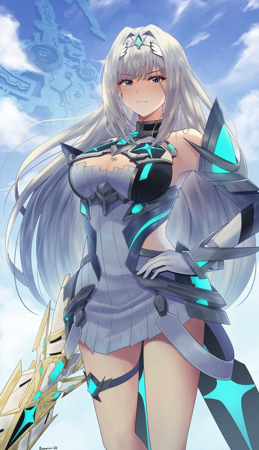 aegis_sword_(xenoblade) alternate_costume bare_legs bare_shoulders blue_eyes breast_tattoo breasts brown_hair chest_jewel cleavage cleavage_cutout closed_mouth clothing_cutout cosplay doiparuni dress earrings elbow_gloves ethel_(xenoblade) female gloves highres jewelry large_breasts long_hair mythra_(xenoblade) mythra_(xenoblade)_(cosplay) short_dress solo swept_bangs tattoo thigh_strap tiara very_long_hair xenoblade_chronicles_(series) xenoblade_chronicles_2 xenoblade_chronicles_3