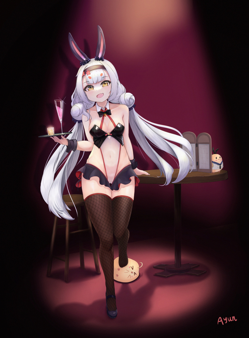 >_< absurdres animal_ears ayun azur_lane black_footwear breasts brown_thighhighs chair commentary covered_navel detached_collar extra_eyebrows female highres holding holding_tray long_hair looking_at_viewer manjuu_(azur_lane) microskirt oerba_yun_fang official_alternate_costume open_mouth playboy_bunny rabbit_ears round_table shimakaze_(azur_lane) shimakaze_(world's_speediest_bunny_waitress)_(azur_lane) shoes skin_fang skirt small_breasts solo table thighhighs tray very_long_hair white_hair wrist_cuffs yellow_eyes