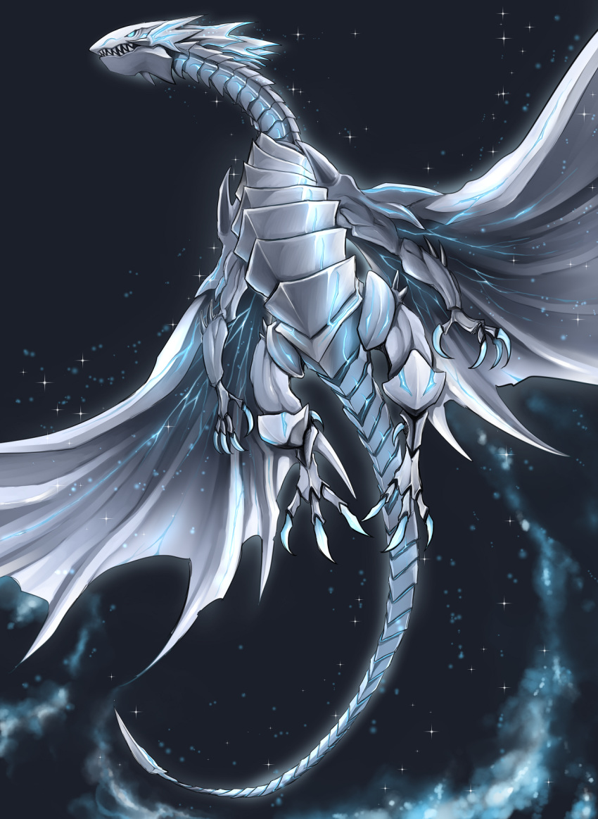 bioluminescence blue-eyes_alternative_white_dragon blue_eyes blue_theme claws dragon duel_monster flying glowing highres monochrome night night_sky no_humans ryou_(cagw5223) sharp_teeth sky tail teeth wings yu-gi-oh!