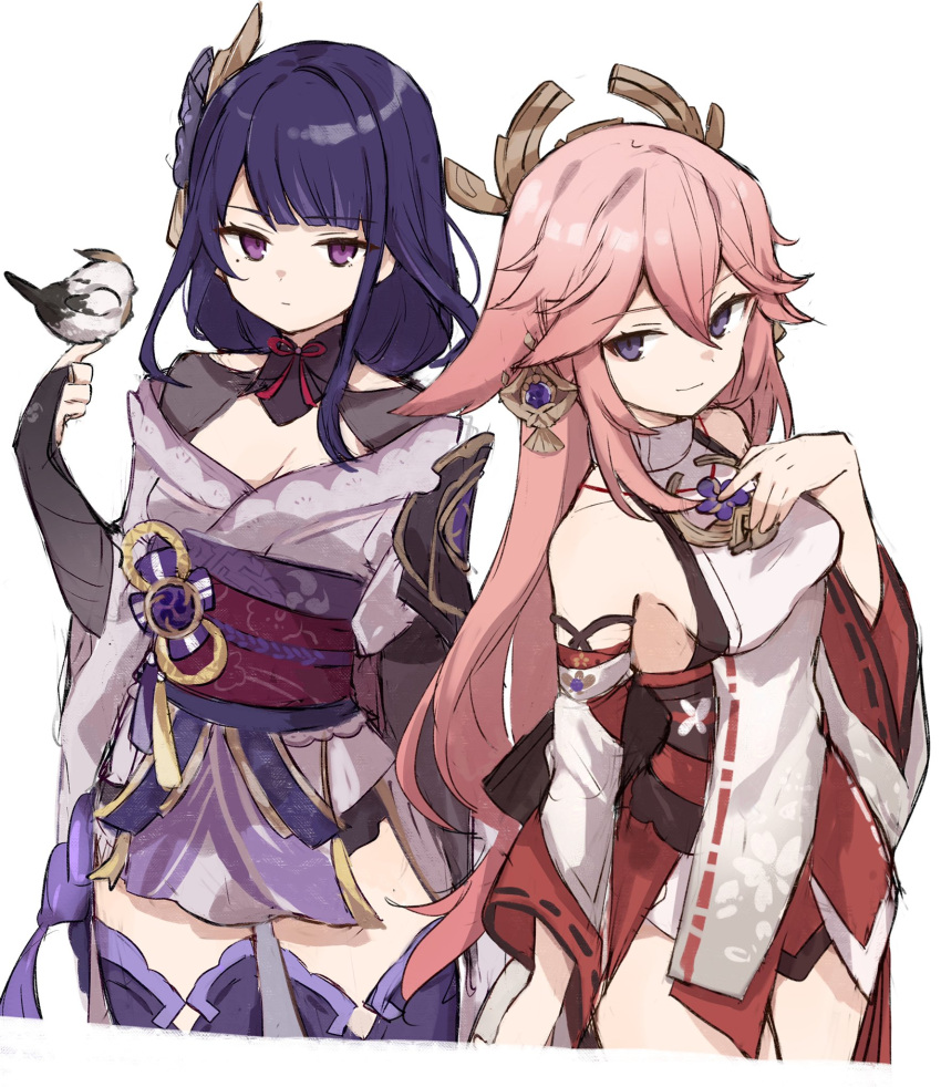 2girls bad_id bad_twitter_id bird bird_on_hand braid breasts closed_mouth detached_sleeves earrings freenote_mr genshin_impact hair_between_eyes hair_flaps hair_ornament hand_on_own_chest highres japanese_clothes jewelry long_hair medium_breasts mole mole_under_eye multiple_girls obi obijime pink_hair purple_eyes purple_hair raiden_shogun ribbon-trimmed_sleeves ribbon_trim sash simple_background single_braid very_long_hair vision_(genshin_impact) white_background wide_sleeves yae_miko