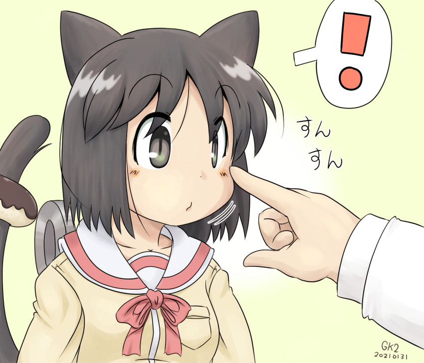 ! animal_ears artist_name black_eyes black_hair blush cat_ears cat_girl cat_tail closed_mouth commentary dated doughnut female food food_on_tail gaketsu gradient_background green_background highres nichijou pointing pointing_at_another sailor_collar school_uniform shinonome_nano short_hair simple_background spoken_exclamation_mark tail tokisadame_school_uniform translated white_background winding_key