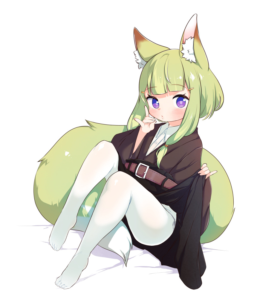 animal_ear_fluff animal_ears babalilo bed belt belt_buckle black_skirt blush brown_belt buckle closed_mouth clothes_lift collared_shirt commentary_request dress_shirt female fox_ears fox_girl fox_shadow_puppet fox_tail full_body green_hair hair_ornament hairclip hands_up highres lifting_own_clothes long_hair looking_at_viewer no_shoes original pantyhose purple_eyes shirt skirt skirt_lift solo tail white_background white_pantyhose white_shirt