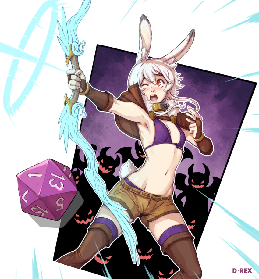 ;o animal_ears bow_(weapon) bra bracelet breasts brown_capelet brown_footwear brown_gloves brown_shorts bunny_(d-rex) capelet collar d-rex dice feet_out_of_frame female fingerless_gloves gloves glowing glowing_eyes glowing_mouth highres holding holding_bow_(weapon) holding_weapon horns jewelry metal_collar monster navel one_eye_closed orange_eyes original outline panties purple_bra purple_panties purple_thighhighs rabbit_ears rabbit_girl rabbit_tail red_eyes short_hair shorts small_breasts solo_focus tail thighhighs underwear weapon white_outline wings