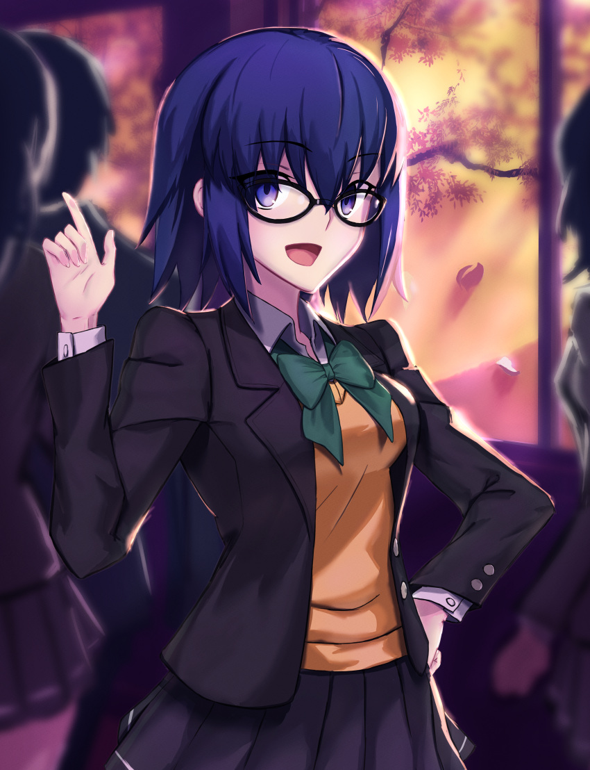 absurdres black-framed_eyewear black_jacket blue_eyes blue_hair bow bowtie breasts buttons cherry_blossoms ciel_(tsukihime) collared_shirt commentary female glasses green_bow green_bowtie grey_skirt hair_between_eyes hand_on_own_hip highres index_finger_raised indoors jacket long_sleeves looking_at_viewer medium_breasts miniskirt open_clothes open_jacket open_mouth petals pleated_skirt school_uniform shirt short_hair sidelocks skirt smile tsukihime tsukihime_(remake) tsukinaga underboob upper_body vest white_shirt window yellow_vest