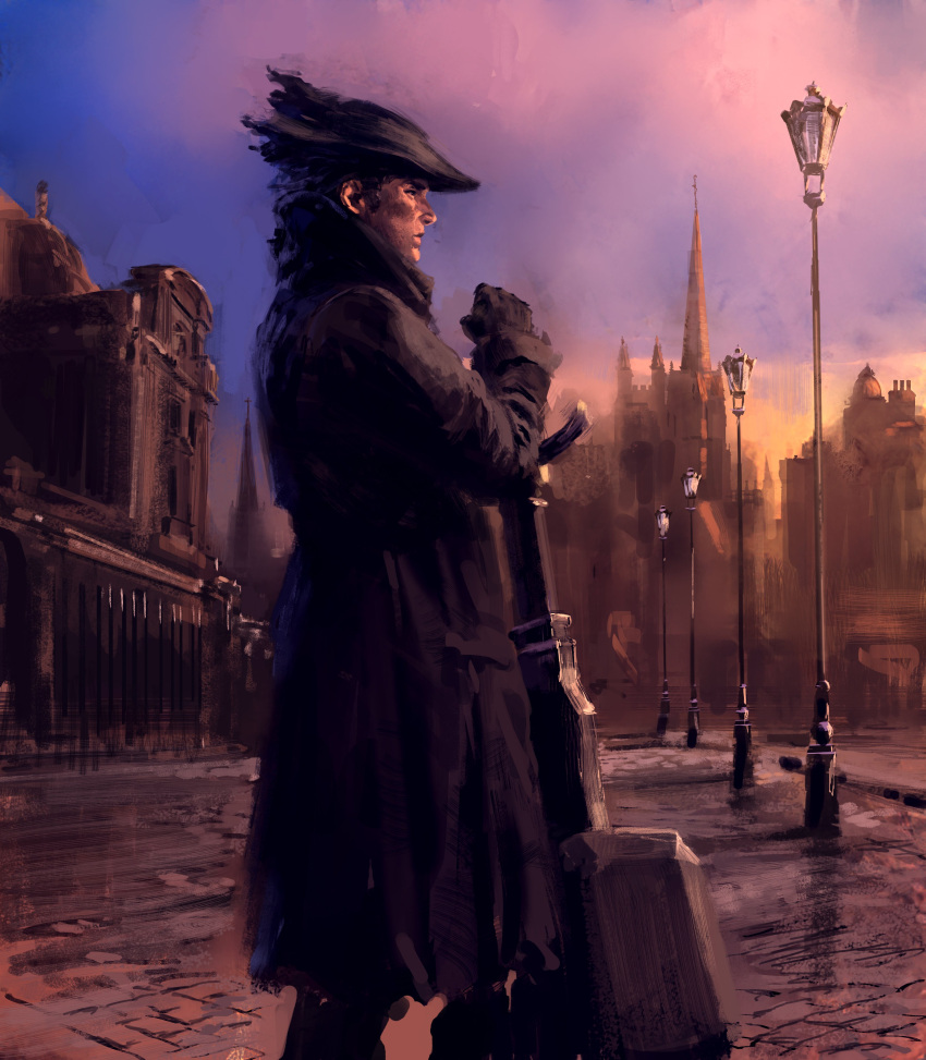 1boy absurdres black_coat black_gloves bloodborne city coat espen_olsen_saetervik from_side gloves hammer hat highres holding holding_weapon hunter_(bloodborne) kirkhammer lamppost long_sleeves male_focus outdoors short_hair solo standing sunrise tricorne weapon