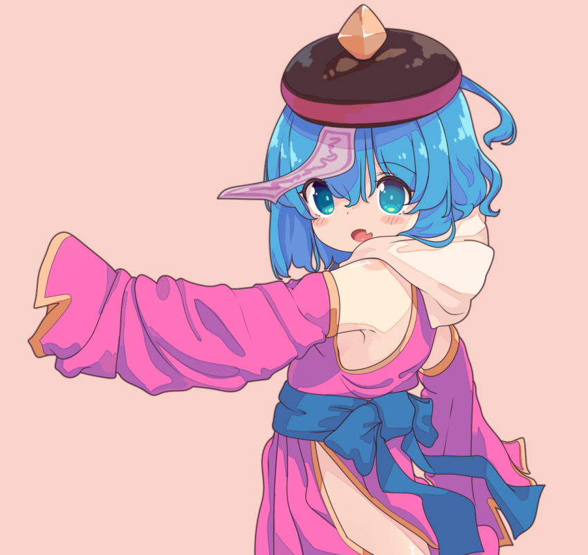 aoi_tori black_headwear blue_bow blue_hair blush_stickers bow brown_background commentary_request detached_sleeves dress female from_side green_eyes hair_between_eyes jiangshi long_sleeves looking_at_viewer looking_to_the_side oerba_yun_fang ofuda open_mouth original pink_dress pink_sleeves simple_background skin_fang sleeveless sleeveless_dress sleeves_past_fingers sleeves_past_wrists solo standing talisman teru-chan_(aoi_tori)