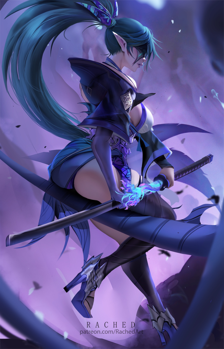 artist_name ass black_thighhighs blue_hair breasts detached_sleeves elbow_gloves female from_side gloves hair_ribbon high_heels highres holding holding_sword holding_weapon japanese_clothes katana kimono large_breasts league_of_legends long_hair mask multicolored_ribbon official_alternate_costume official_alternate_hairstyle paid_reward_available parted_lips patreon_username pointy_ears ponytail rached ribbon sheath sideboob single_detached_sleeve single_elbow_glove solo spirit_blossom_(league_of_legends) spirit_blossom_vayne sword thighhighs thighs unsheathing vayne_(league_of_legends) weapon white_kimono