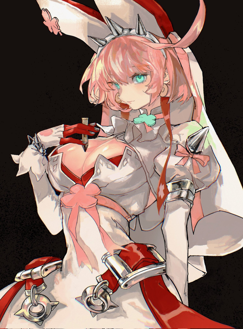 ahoge animal_ears belt black_background blue_eyes breasts bridal_veil bullet cleavage clover dress elphelt_valentine fake_animal_ears female found_modori four-leaf_clover gloves grey_background guilty_gear guilty_gear_xrd hand_on_own_chest highres holding huge_ahoge large_breasts looking_at_viewer looking_to_the_side object_on_breast pink_hair rabbit_ears short_hair simple_background solo spikes veil wedding_dress white_dress white_gloves