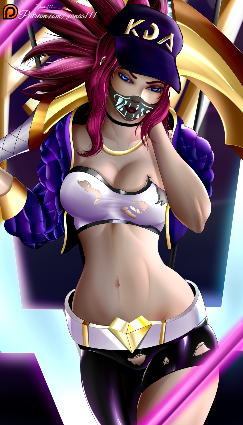 absurdres akali bad_source female highres jacket jacket_on_shoulders k/da_(league_of_legends) k/da_akali league_of_legends mask mask_on_head purple_hair safety_pin self-upload shorts solo watermark weapon web_address xanas