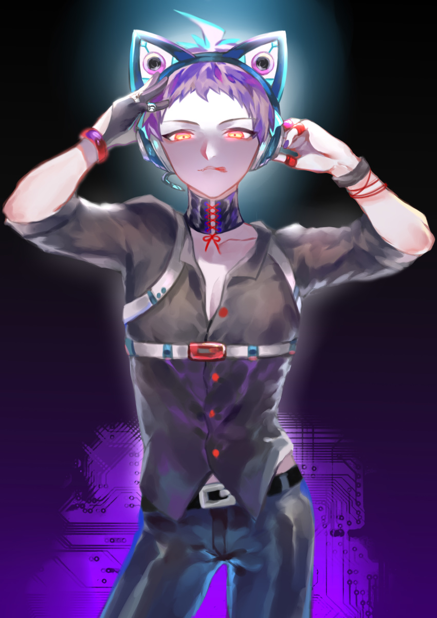 1boy absurdres ahoge alternate_costume animal_ears belt black_belt black_gloves black_nails black_pants black_shirt cat_ear_headphones chest_harness choker collarbone collared_shirt commentary_request contrapposto cowboy_shot danganronpa_(series) danganronpa_2:_goodbye_despair dress_shirt fake_animal_ears gloves glowing glowing_eyes gradient gradient_background hands_up harness headphones highres hinata_hajime jewelry looking_at_viewer male_focus orange_eyes pants purple_background ring shirt sleeves_folded_up solo tongue tongue_out tuteurfars_shin