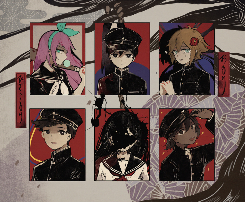 2girls 4boys alternate_universe aqua_bow aqua_eyes aqua_hairband aubrey_(faraway)_(omori) aubrey_(omori) basil_(faraway)_(omori) basil_(omori) black_eyes black_hair black_headwear black_sailor_collar black_shirt blonde_hair blowing_bubbles bow bow_hairband chewing_gum commentary_request covered_face expressionless gakuran hairband hairbow hat hero_(faraway)_(omori) hero_(omori) highres jacket kel_(faraway)_(omori) kel_(omori) long_hair mari_(faraway)_(omori) mari_(omori) miyashita_miro multiple_boys multiple_girls neckerchief nervous omori own_hands_together pink_hair portrait red_neckerchief sailor_collar school_uniform serafuku shirt short_hair smile something_(omori) spoilers stranger_(omori) sunny_(omori) tearing_up tears translation_request white_neckerchief white_shirt