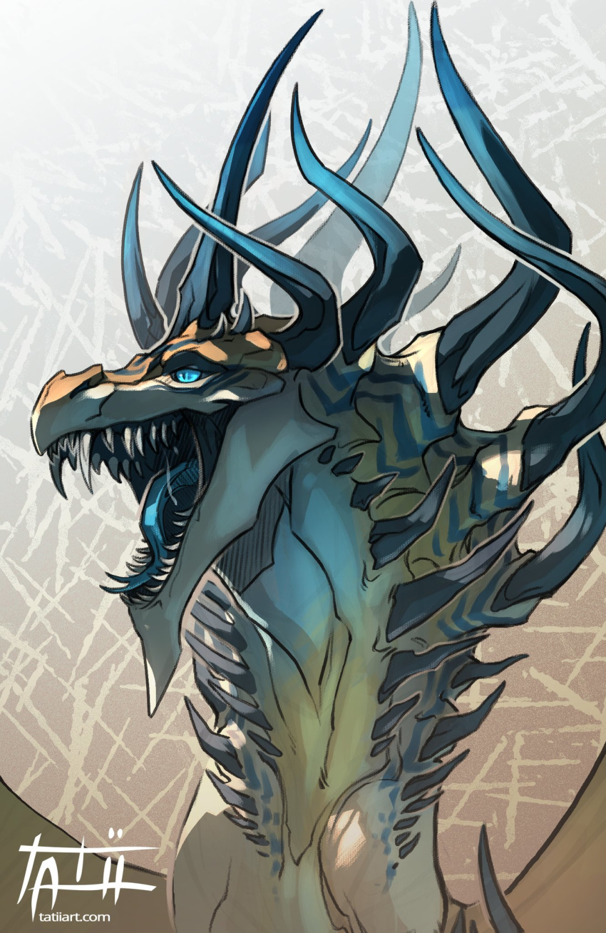 2020 blue_eyes blue_tongue digital_media_(artwork) dragon headshot_portrait hi_res horn looking_away open_mouth portrait shadow simple_background spikes spines spread_wings spreading tatiilange teeth teeth_showing text tongue tongue_out url wings