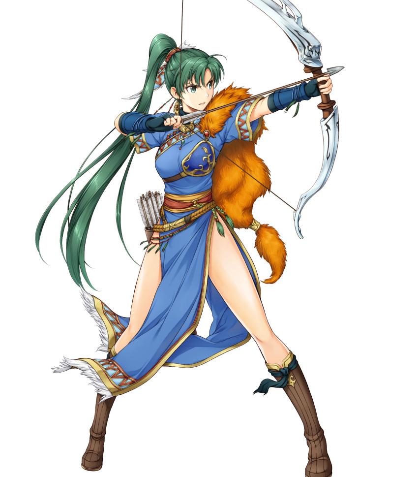 archery armor arrow_(projectile) beads belt boots bow bow_(weapon) breastplate brown_footwear duplicate earrings female fingerless_gloves fire_emblem fire_emblem:_the_blazing_blade fire_emblem_heroes full_body fur_trim gem gloves green_eyes green_hair hair_ornament highres holding holding_bow_(weapon) holding_weapon jewelry knee_boots long_hair looking_to_the_side lyn_(brave_lady)_(fire_emblem) lyn_(fire_emblem) md5_mismatch necklace official_art pixel-perfect_duplicate ponytail pose quiver solo standing tassel transparent_background vambraces weapon yamada_koutarou