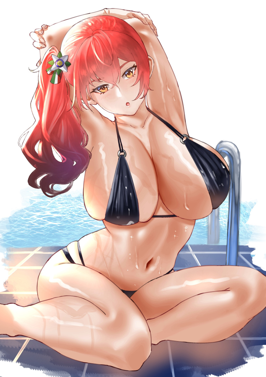 absurdres armpits arms_behind_head azur_lane bikini black_bikini breasts female genm7 highres huge_breasts italian_flag looking_at_viewer multi-strapped_bikini navel o-ring o-ring_bikini official_alternate_costume orange_eyes pool pool_ladder poolside red_hair side_ponytail skindentation solo swimsuit water wet zara_(azur_lane) zara_(poolside_coincidence)_(azur_lane)