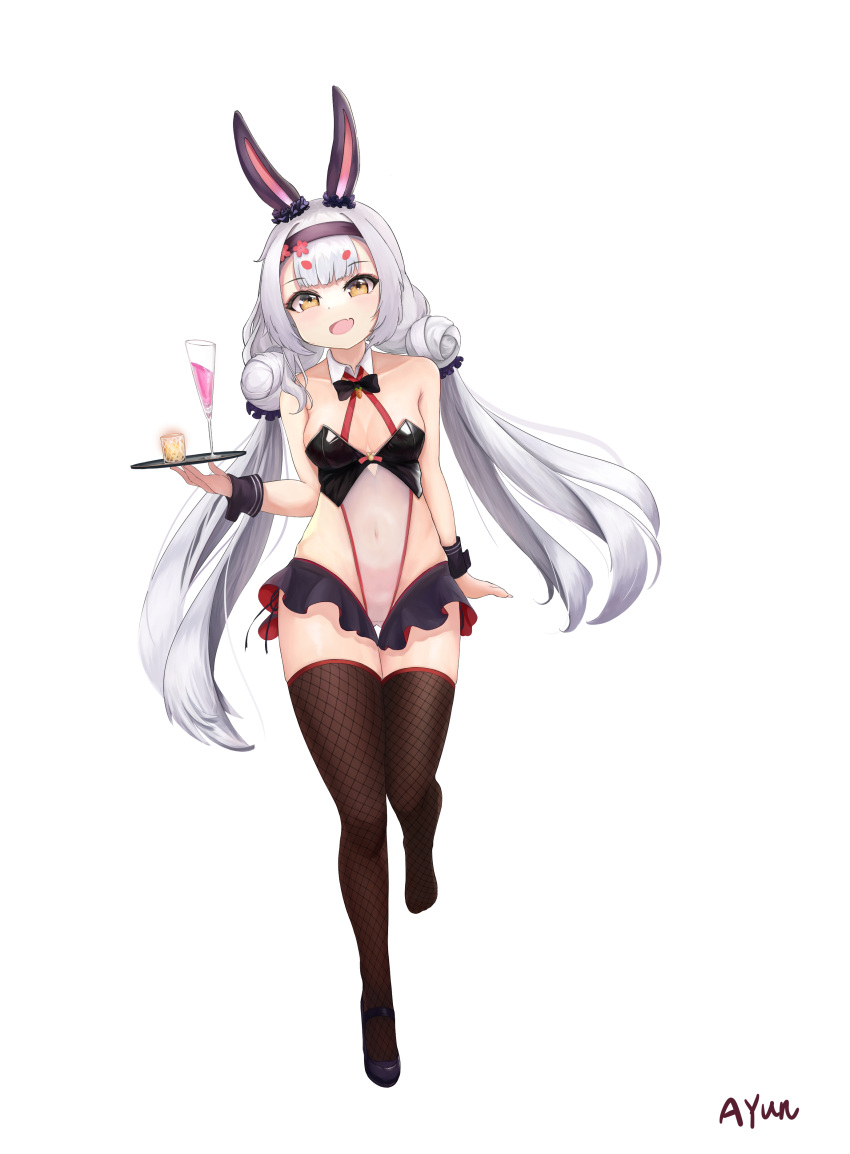 absurdres animal_ears ayun azur_lane black_footwear breasts brown_thighhighs chair commentary covered_navel detached_collar extra_eyebrows female highres holding holding_tray long_hair looking_at_viewer microskirt oerba_yun_fang official_alternate_costume open_mouth playboy_bunny rabbit_ears shimakaze_(azur_lane) shimakaze_(world's_speediest_bunny_waitress)_(azur_lane) shoes simple_background skin_fang skirt small_breasts solo thighhighs tray very_long_hair white_background white_hair wrist_cuffs yellow_eyes