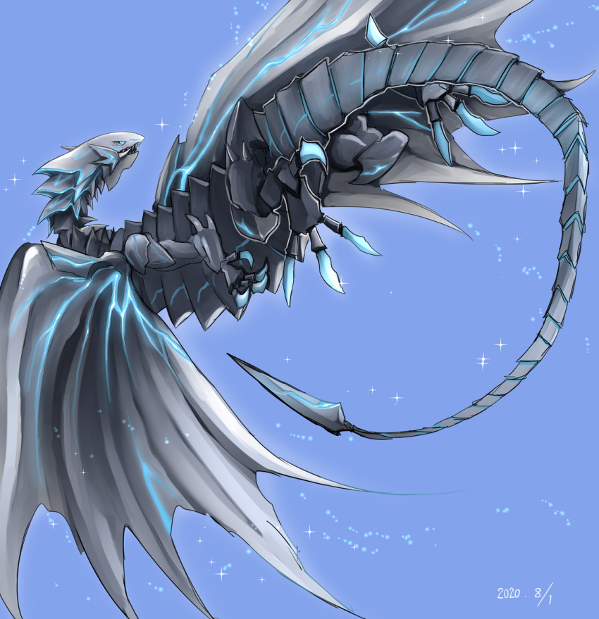 bioluminescence blue-eyes_alternative_white_dragon blue_eyes claws dated dragon duel_monster flying highres no_humans ryou_(cagw5223) sharp_teeth tail teeth wings yu-gi-oh!