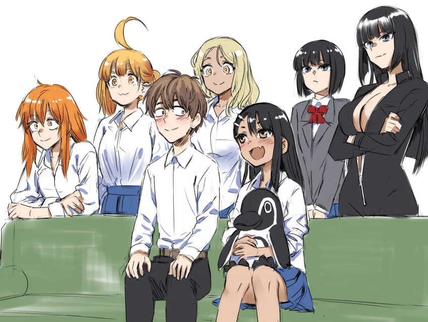 1boy 6+girls 774_(nanashi) :3 :d ahoge asymmetrical_bangs bird black_hair breasts brown_eyes commentary_request couch crossed_arms dark-skinned_female dark_skin earclip gamou_maki gyaru hachiouji_naoto huge_ahoge ijiranaide_nagatoro-san large_breasts long_hair meme multiple_girls nagatoro_hayase oerba_yun_fang official_art open_mouth penguin piper_perri_surrounded_(meme) sakura_(nagatoro) short_hair sitting skin_fang small_breasts smile sunomiya_hana sunomiya_sana tan yoshi_(nagatoro)