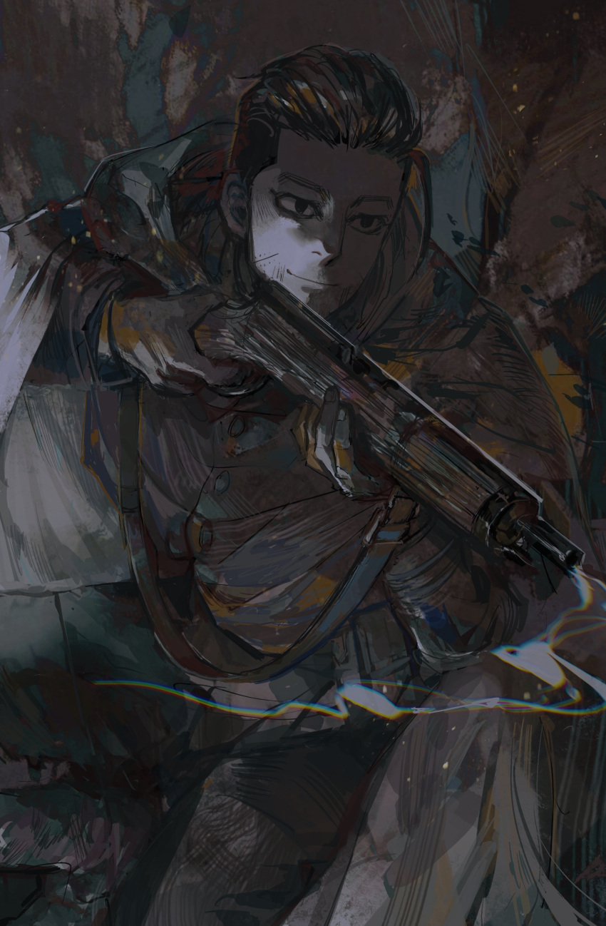 1boy absurdres cloak closed_mouth commentary cowboy_shot golden_kamuy gun highres holding holding_gun holding_weapon jacket long_sleeves looking_away male_focus monochrome nira_(nira_box) ogata_hyakunosuke pants rifle scar scar_on_face short_hair smile smoke smoking_barrel solo standing weapon