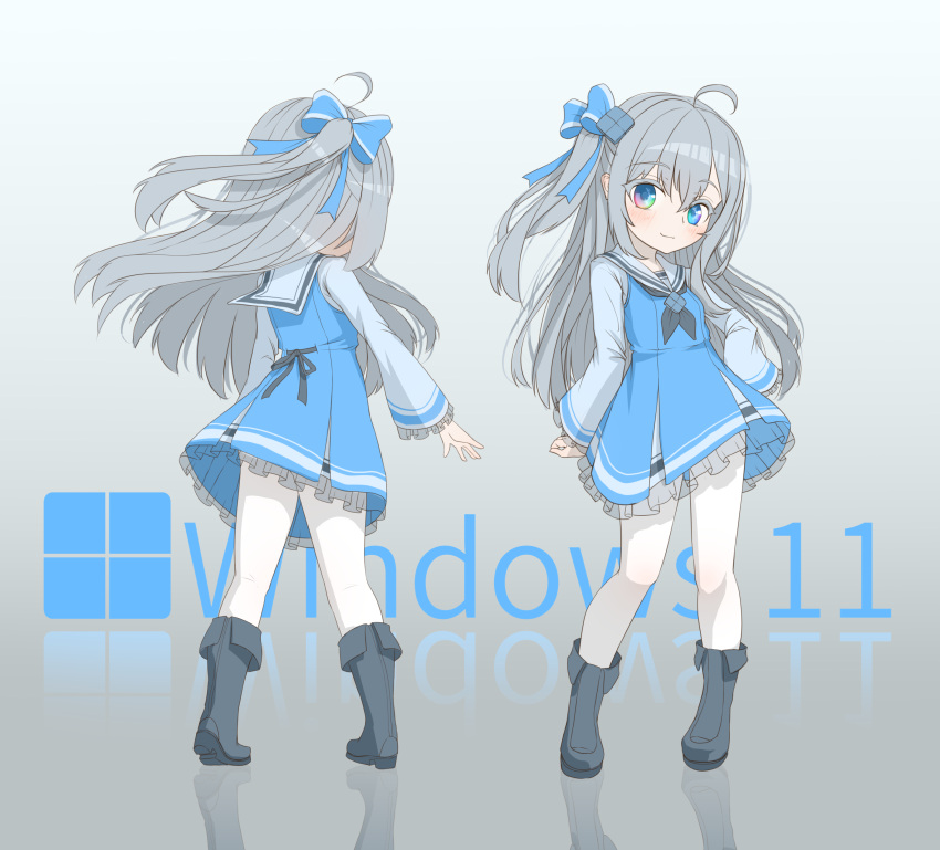 absurdres ahoge black_neckerchief blue_bow blue_dress blue_eyes blue_footwear blush boots bow chinese_commentary closed_mouth commentary_request dress eyeshadow female frilled_dress frills from_behind full_body gradient_background grey_eyeshadow grey_hair hairbow hand_on_own_hip highres karv lolicon long_hair long_sleeves looking_at_viewer makeup microsoft_windows multiple_views neckerchief one_side_up original pantyhose parted_bangs reflective_floor sailor_collar shirt smile standing white_background white_pantyhose white_sailor_collar white_shirt windows_11 windows_logo