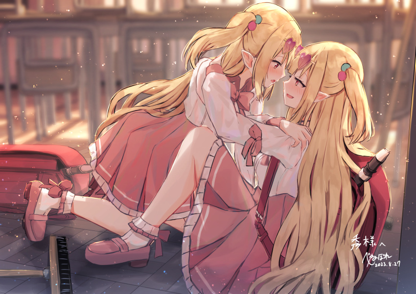 2girls absurdres arcanakit_v benevole blonde_hair blunt_bangs blurry blush classroom commentary_request commission dated depth_of_field desk elf eye_contact eyewear_on_head hair_bobbles hair_ornament heart heart-shaped_eyewear highres indoors kami_misuzu knee_up loafers long_hair long_sleeves looking_at_another mop multiple_girls open_mouth pleated_skirt pointy_ears red_bag red_eyes red_footwear red_skirt school_desk selfcest shirt shoes skeb_commission skirt smile socks two_side_up very_long_hair virtual_youtuber white_shirt white_socks yuri