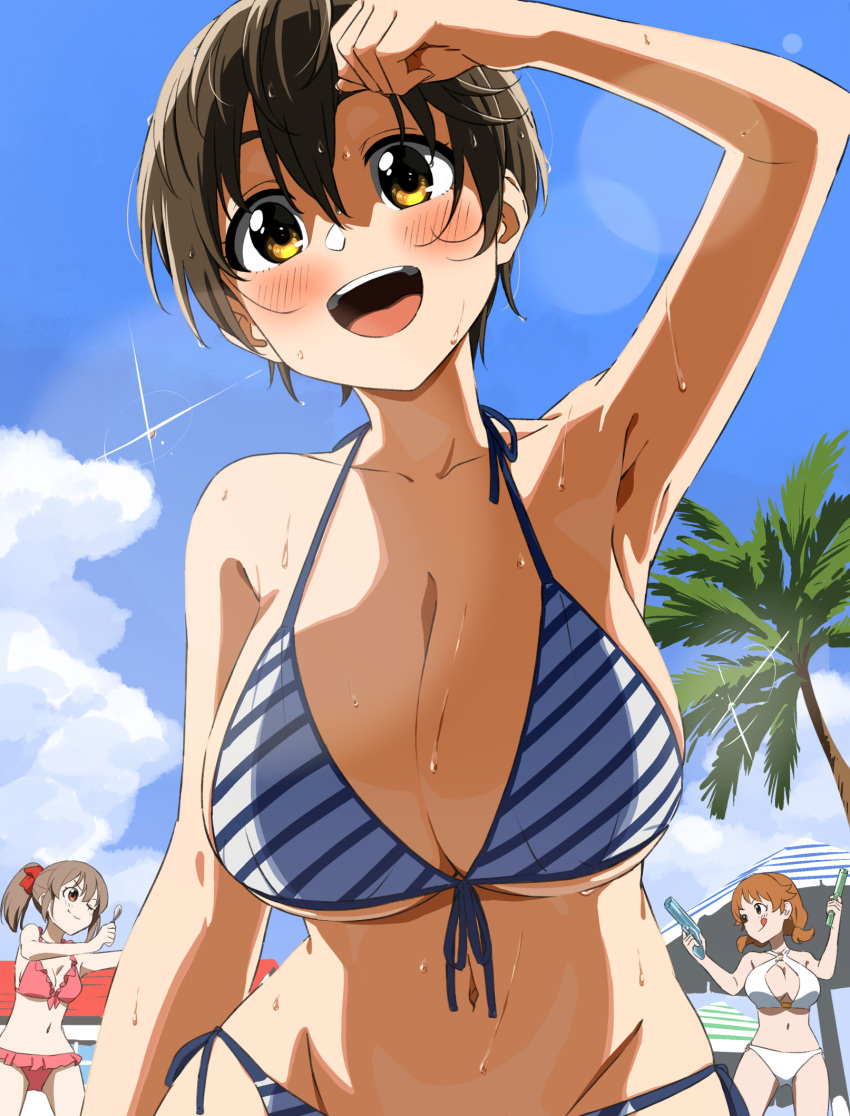 3girls arm_up armpits bikini blue_sky breasts brown_eyes brown_hair cleavage cloud collarbone day diagonal-striped_bikini diagonal-striped_clothes dr._gero_(staedtler_0508) dual_wielding hair_between_eyes highres holding holding_spoon hori_yuko huge_breasts idolmaster idolmaster_cinderella_girls katagiri_sanae large_breasts long_hair low_twintails multiple_girls navel oikawa_shizuku one_eye_closed open_mouth outdoors pink_bikini sexy_guilty_(idolmaster) short_hair short_twintails sky smile spoon striped_bikini striped_clothes swimsuit twintails water_gun white_bikini