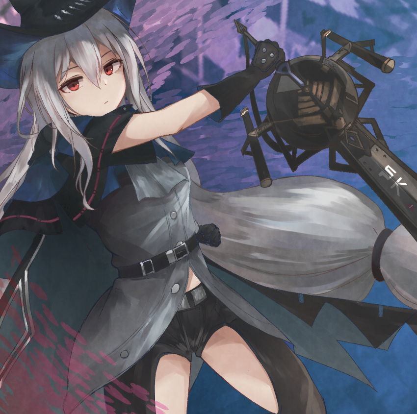 arknights ascot belt black_belt black_cape black_capelet black_gloves black_hat black_pants breasts cape capelet closed_mouth clothing_cutout commentary cowboy_shot female gloves grey_ascot grey_shirt hair_between_eyes hat highres holding holding_sword holding_weapon infection_monitor_(arknights) kiyakyuu long_hair looking_at_viewer medium_breasts pants red_eyes shirt skadi_(arknights) solo strap sword thigh_cutout thighs very_long_hair weapon white_hair