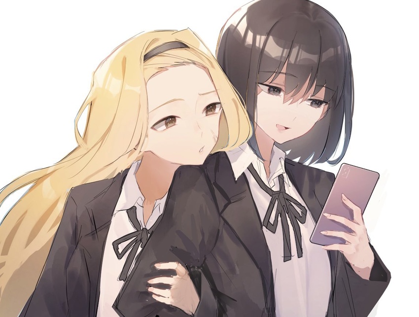 2girls arm_hug bangs_pinned_back black_hair blonde_hair cellphone grey_eyes hairband holding_another's_arm jacket kirarazaka_marina kuze_shizuka long_hair multiple_girls nagute neck_ribbon open_clothes open_jacket phone ribbon school_uniform short_hair simple_background smartphone takopii_no_genzai white_background yellow_eyes