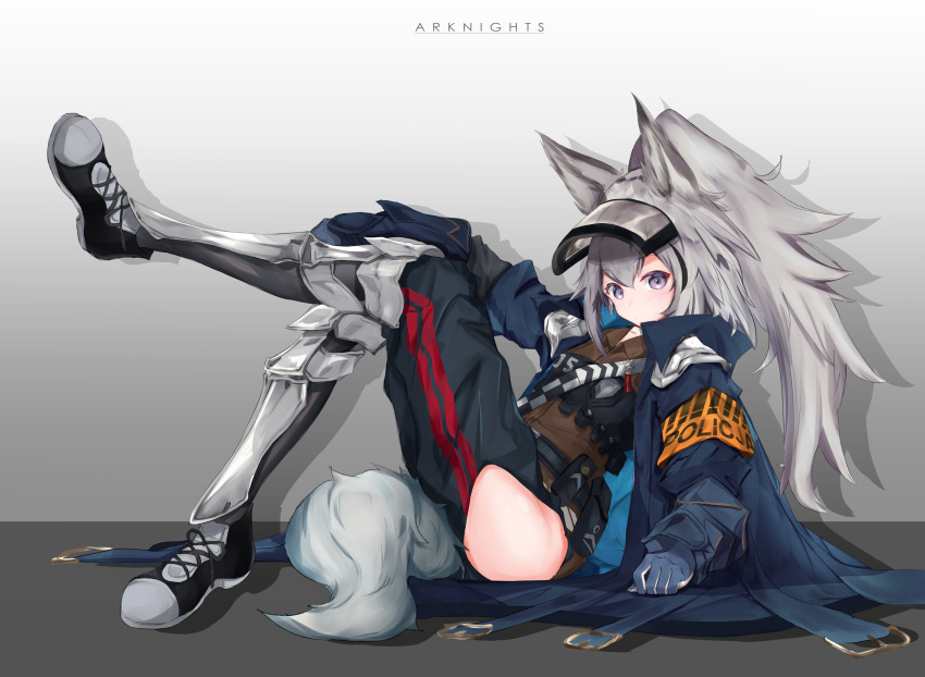 absurdres animal_ears arknights armband armor asumi_maboroshi blue_coat blue_pants brown_shirt coat copyright_name crossed_legs female full_body gauntlets gloves grani_(arknights) greaves grey_eyes grey_footwear grey_gloves grey_hair high_ponytail highres hip_vent horse_ears horse_girl horse_tail leg_up long_hair looking_at_viewer looking_to_the_side multiple_straps open_clothes open_coat pants police police_uniform ponytail popped_collar shirt shoes shoulder_guard sitting sneakers solo tail uniform visor_cap