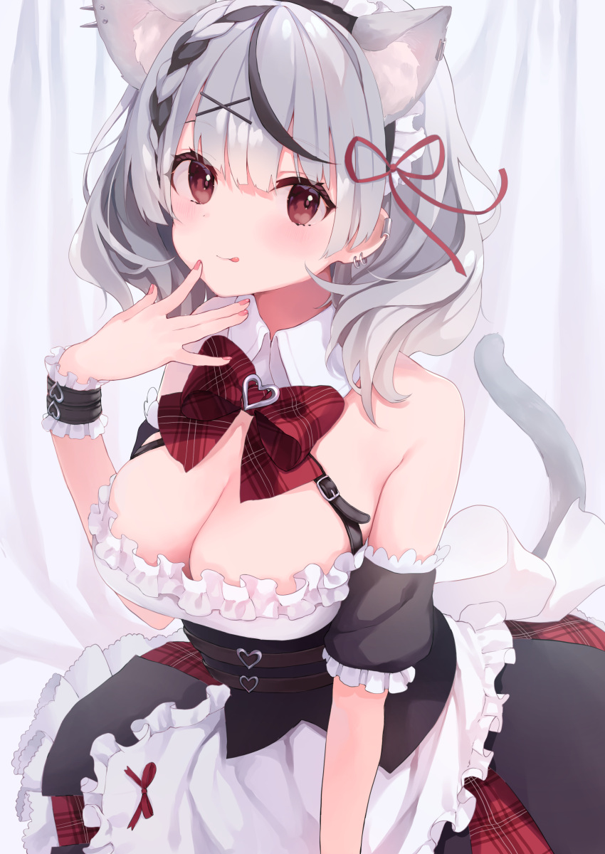 absurdres alternate_costume animal_ear_fluff animal_ears apron bare_shoulders black_hair blush breasts cat_ears cat_girl cat_tail cleavage enmaided female frilled_apron frills grey_hair heart heart_pendant highres hololive kashuu_(pixiv_66328082) kemonomimi_mode large_breasts maid maid_apron maid_headdress medium_hair multicolored_hair nail_polish red_eyes sakamata_chloe solo streaked_hair tail tongue virtual_youtuber waist_apron white_apron