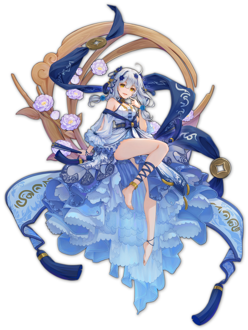 ankle_lace-up anklet barefoot blue_dress blue_flower blue_nails blue_ribbon chinese_peony dress feet female flower fu_ji game_cg hair_ornament hand_fan highres holding holding_fan jewelry looking_at_viewer mahjong_soul official_alternate_costume official_art paper_fan peony_(flower) ribbon shine_cheese simple_background sitting solo tachi-e tassel tassel_hair_ornament third-party_source transparent_background white_hair yellow_eyes