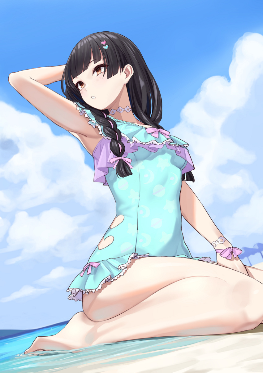 arm_up armpits bare_legs barefoot beach between_legs black_hair blue_one-piece_swimsuit blue_sky blush braid breasts brown_eyes casual_one-piece_swimsuit clothing_cutout cloud cloudy_sky crescent_print day female frilled_one-piece_swimsuit frills hair_ornament hand_between_legs heart heart_cutout heart_hair_ornament highres idolmaster idolmaster_shiny_colors long_hair mayuzumi_fuyuko medium_breasts michitaro_smile ocean one-piece_swimsuit outdoors ribbon seiza side_braids sitting sky solo swimsuit thighs twin_braids wrist_ribbon