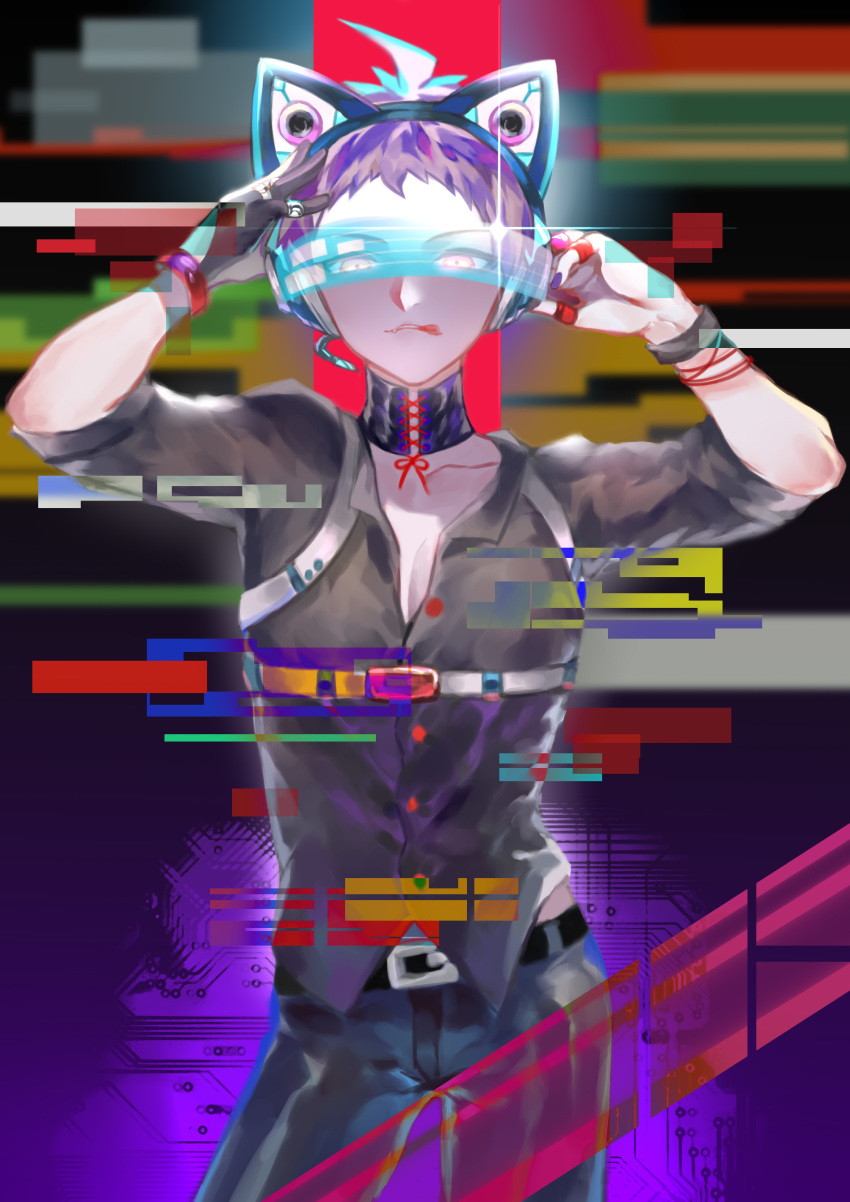 1boy absurdres ahoge alternate_costume animal_ears belt black_belt black_gloves black_nails black_pants black_shirt cat_ear_headphones chest_harness choker collarbone collared_shirt commentary_request contrapposto cowboy_shot danganronpa_(series) danganronpa_2:_goodbye_despair dress_shirt fake_animal_ears gloves glowing glowing_eyes hands_up harness headphones highres hinata_hajime jewelry looking_at_viewer male_focus multicolored multicolored_background neon_lights orange_eyes pants purple_background red_background ring shirt sleeves_folded_up solo tongue tongue_out tuteurfars_shin