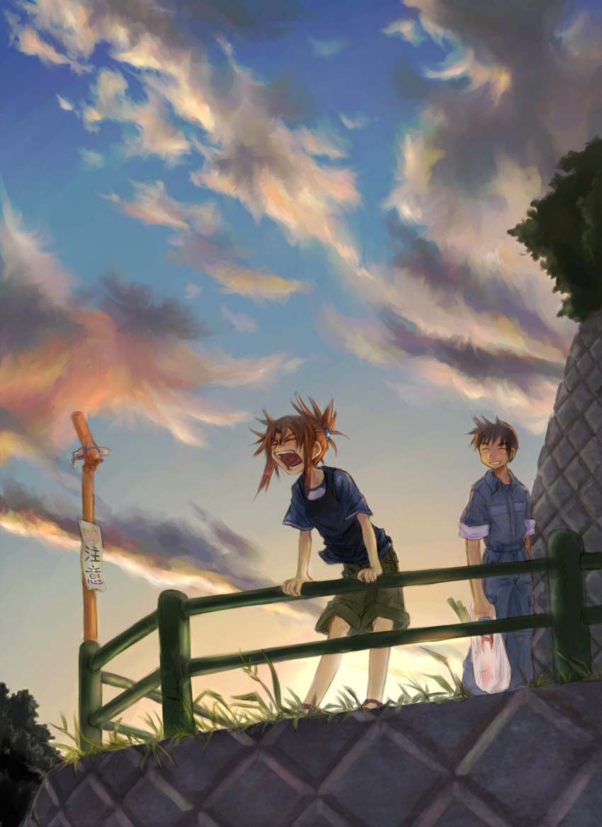 >_< 1boy bag closed_eyes cloud commentary_request female grocery_bag highres kou1 open_mouth original outdoors plastic_bag railing revision shopping_bag shorts shouting sky spring_onion sunset uniform