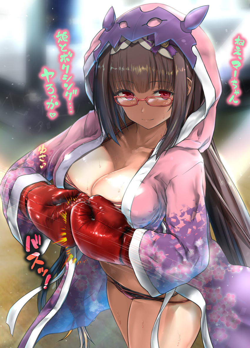 akabeko_boxing bikini black_bikini blush boxing_gloves breasts brown_hair cleavage collarbone commentary_request fate/grand_order fate_(series) female glasses highres hood hood_up hooded_robe large_breasts long_hair osakabehime_(fate) osakabehime_(swimsuit_archer)_(fate) osakabehime_(swimsuit_archer)_(second_ascension)_(fate) purple_eyes purple_robe robe solo sweat swimsuit translation_request very_long_hair