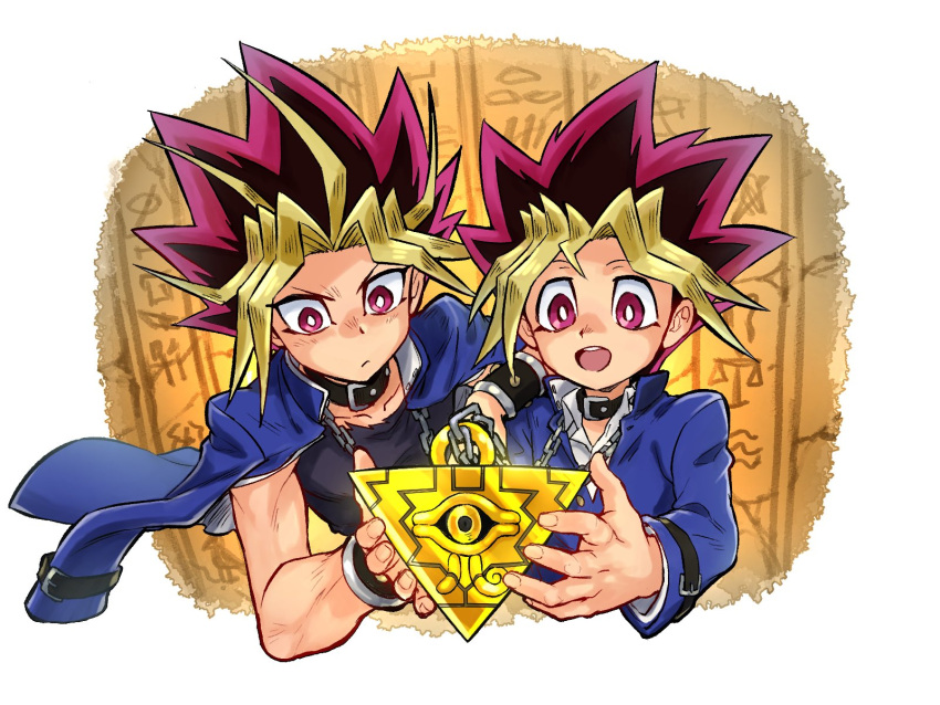 2boys black_hair black_shirt blonde_hair blue_jacket bright_pupils chains collar commentary_request dyed_bangs highres holding jacket jacket_on_shoulders jigoku_meguri long_sleeves male_focus millennium_puzzle multicolored_hair multiple_boys muto_yugi open_mouth purple_eyes purple_hair school_uniform shirt smile spiked_hair teeth tongue upper_teeth_only v-shaped_eyebrows white_pupils yami_yugi yu-gi-oh! yu-gi-oh!_duel_monsters