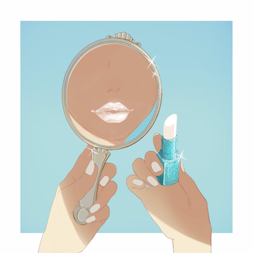 aqua_background bad_id bad_twitter_id border cosmetics highres holding holding_lipstick_tube holding_mirror lipstick lipstick_tube makeup mirror mu_mashu original shadow simple_background sparkle white_border white_lips white_nails