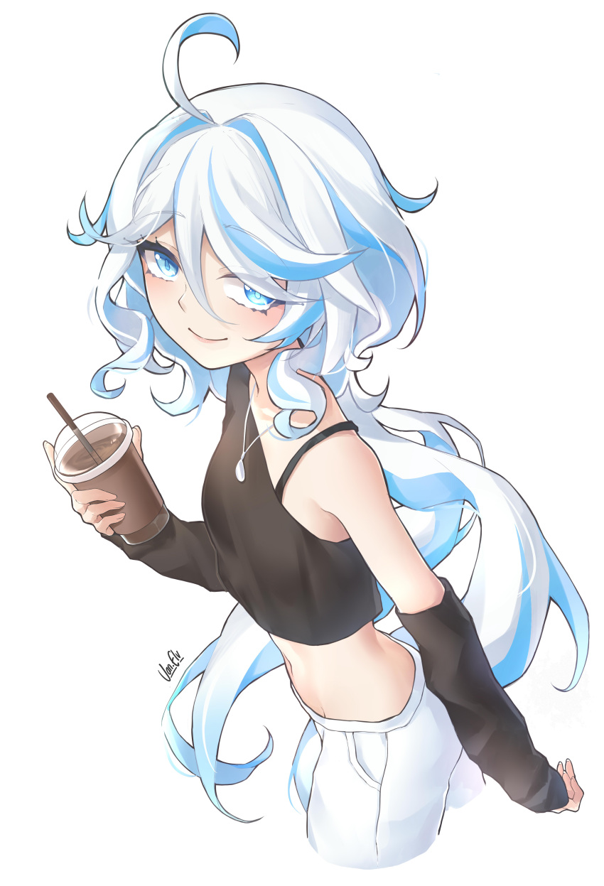 absurdres ahoge alternate_costume black_shirt blue_eyes blue_hair bra_strap crop_top cropped_legs cup detached_sleeves disposable_cup female furina_(genshin_impact) genshin_impact hair_between_eyes highres holding holding_cup jewelry long_hair long_sleeves looking_at_viewer midriff multicolored_hair pants pendant shirt simple_background single-shoulder_shirt smile solo standing streaked_hair van.elv very_long_hair white_background white_hair white_pants