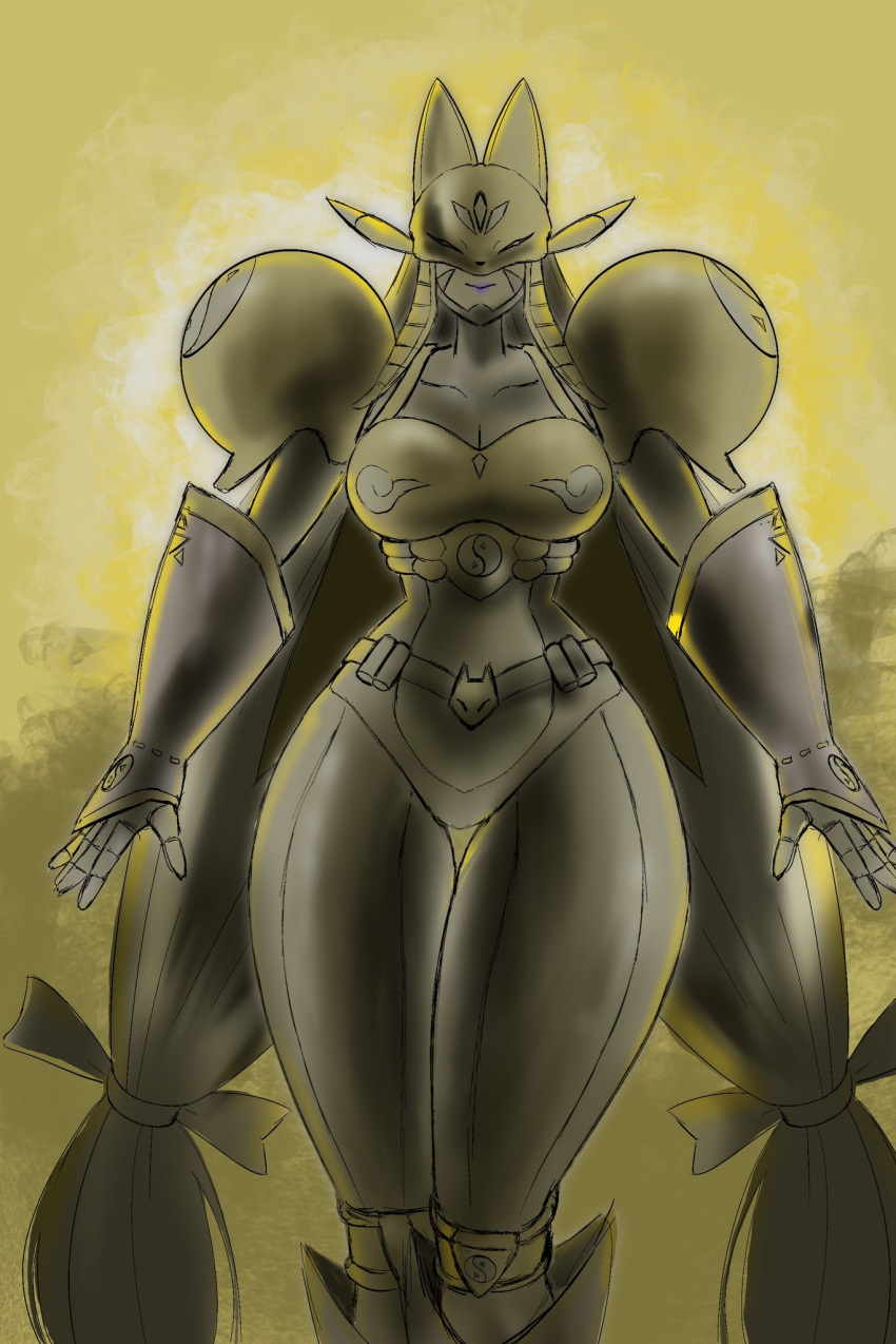 armor black_bodysuit bodysuit breasts covered_collarbone cowboy_shot digimon digimon_(creature) facial_mark female fox_mask gold_armor highres large_breasts long_hair mask pppppbtnms sakuyamon shoulder_armor smile solo standing very_long_hair yellow_theme