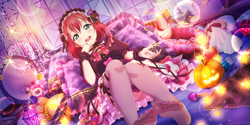 barefoot bed bow feet female green_eyes highres kurosawa_ruby love_live! love_live!_school_idol_festival_all_stars love_live!_sunshine!! nail_polish non-web_source official_art pillow pink_bow pumpkin red_hair smile soles solo thighhighs toenail_polish toenails toes