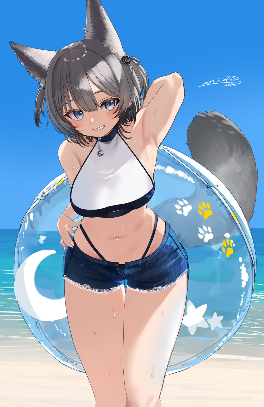 animal_ears arm_behind_head arm_up armpits bare_shoulders beach bikini blue_eyes blue_sky blush commentary_request cowboy_shot dated day denim denim_shorts female grey_hair grin highres holding holding_swim_ring indie_virtual_youtuber innertube looking_at_viewer nanao_sakuya navel ocean open_fly outdoors panty_straps short_hair short_shorts shorts signature sky smile solo stomach sweat swim_ring swimsuit tail two_side_up umino_hotate virtual_youtuber white_bikini wolf_ears wolf_girl wolf_tail