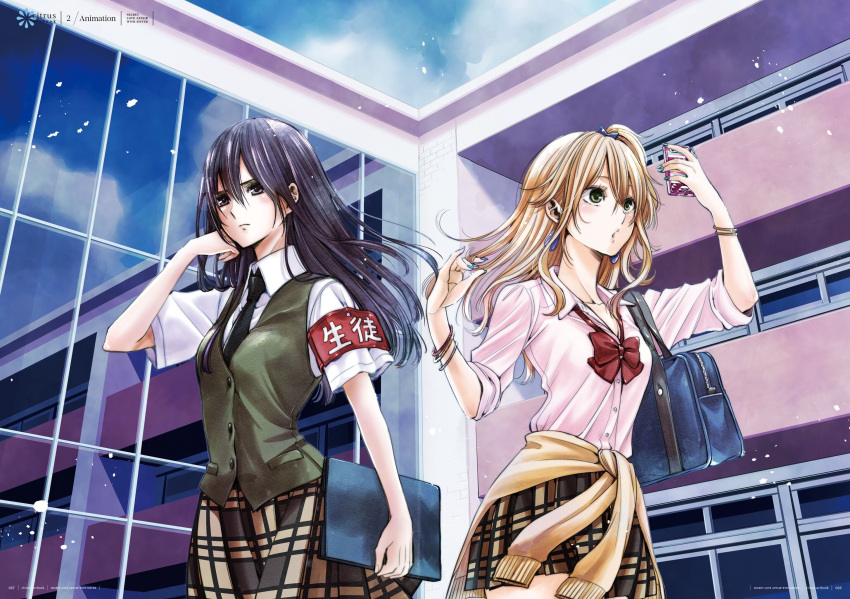 2girls aihara_academy_school_uniform aihara_mei aihara_yuzu black_hair blonde_hair breasts citrus_(saburouta) clothes_around_waist earrings green_eyes highres jewelry long_hair medium_breasts multiple_girls official_art open_mouth purple_eyes saburouta school_uniform shirt siblings sisters skirt step-siblings step-sisters sweater sweater_around_waist wife_and_wife